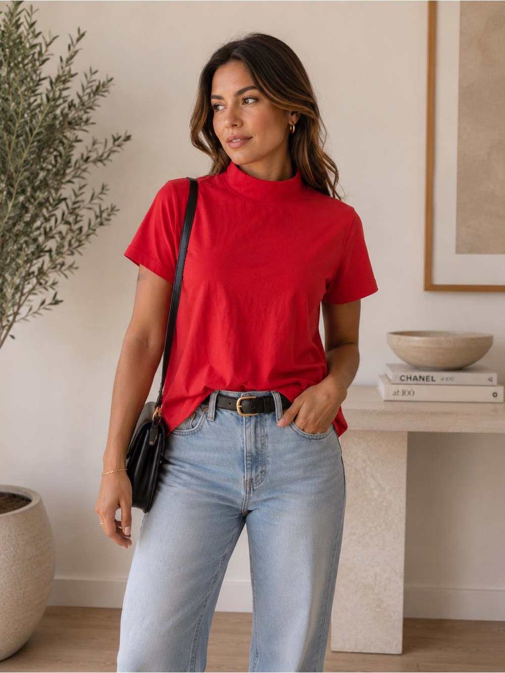 Eddie Bauer Red Short Sleeve Mock Neck Tee